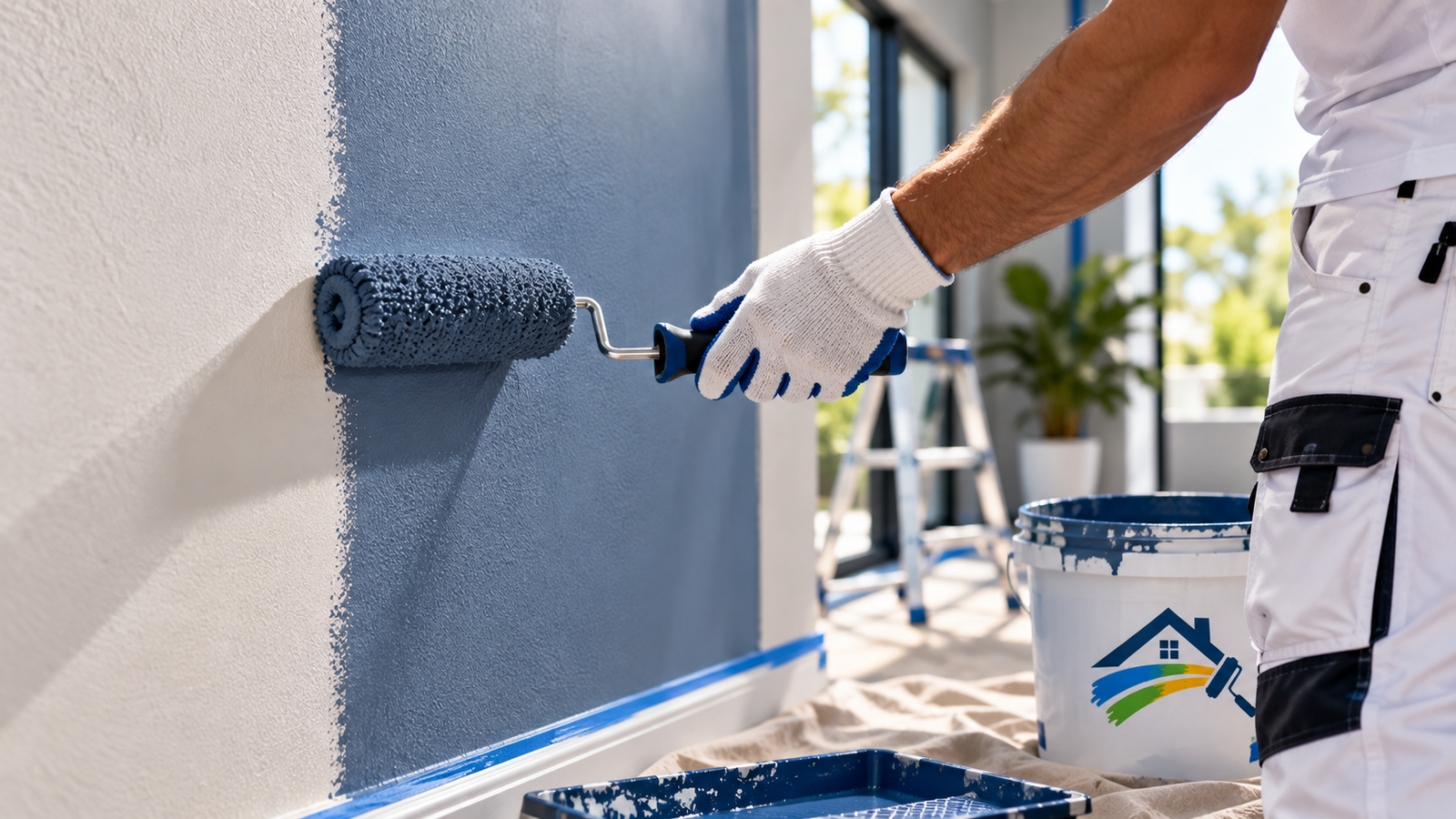 Detalle ilustrativo de un rodillo aplicando pintura azul